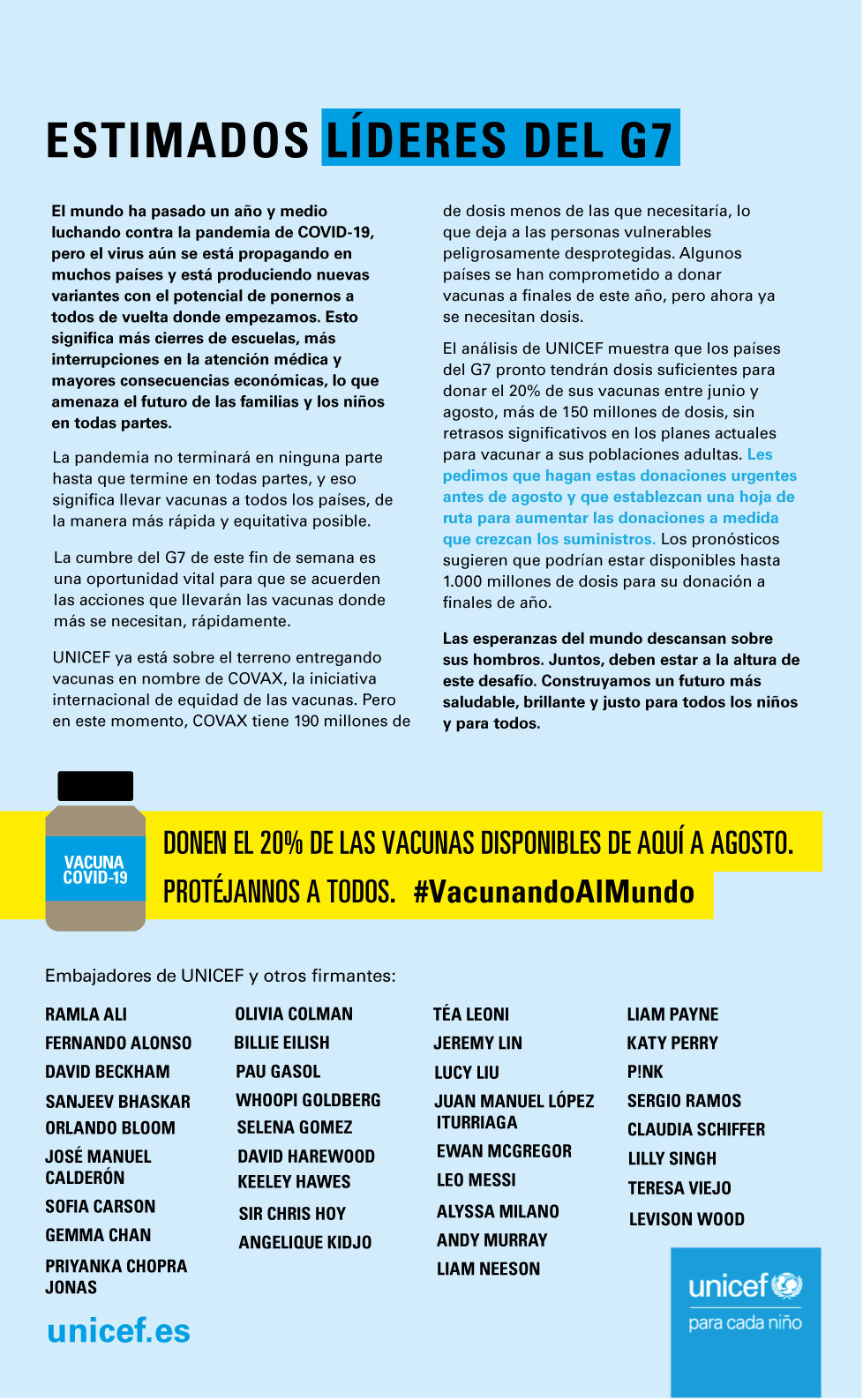 Carta abierta de UNICEF al G7