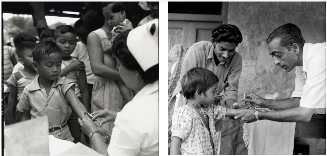Filipinas, 1952: Un trabajador sanitario administra las vacunas antituberculosas BCG, con la formación y los suministros del UNICEF. India, 1961: Una niña observa cómo un trabajador sanitario la vacuna contra la viruela.