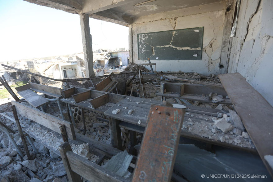 Restos de una escuela destruida en Idlib, Siria