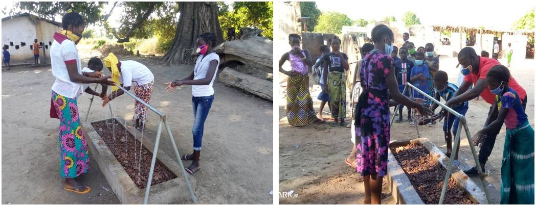 Un grupo de niños y adolescentes se lava las manos en escuelas de Guinea-Bissau